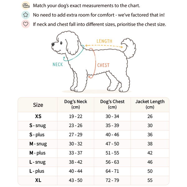 Load image into Gallery viewer, Size chart for Pipco Puffer Jackets for dogs sizes XS to XL