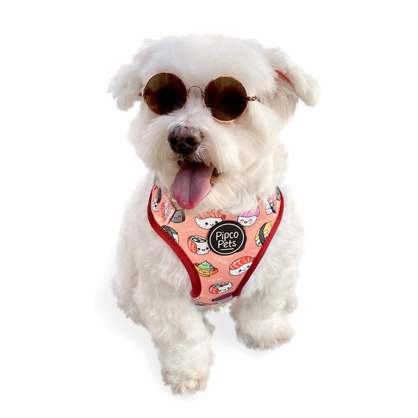 Load image into Gallery viewer, Cute dog wearing sunglasses and Pipco Pets adjustable harness with Sushi Train print pattern in pink