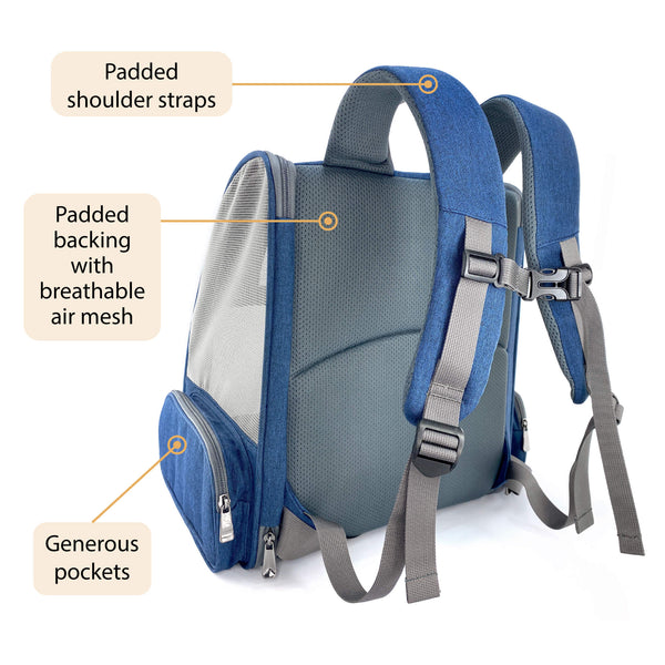 Load image into Gallery viewer, Diagram showing back view of Pipco Pet Backpack Carrier Navy Blue highlighting the soft padding in the back and shoulder straps and generous pocket space.
