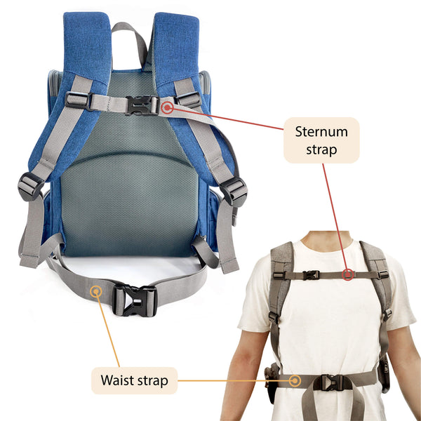 Load image into Gallery viewer, Person wearing Pipco Pet Backpack Carrier with the chest and sternum straps fastened