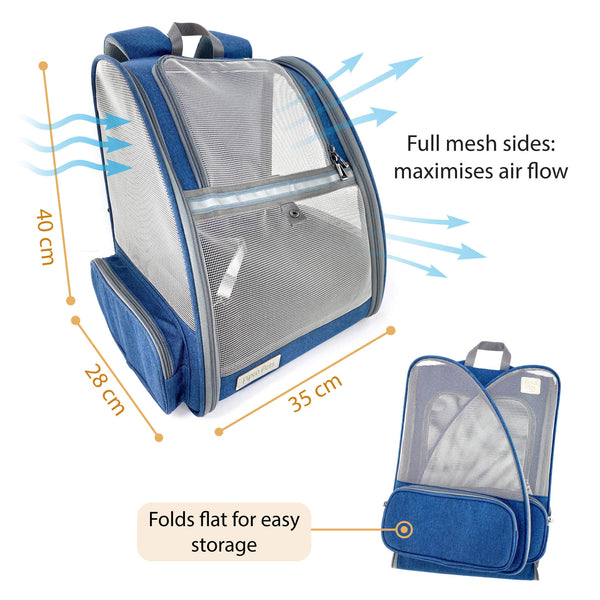 Load image into Gallery viewer, Diagram showing dimensions of Pipco Pet Backpack Carrier Navy Blue 40 x 35 x 28 cm, airflow through the mesh, and folded flat for storage
