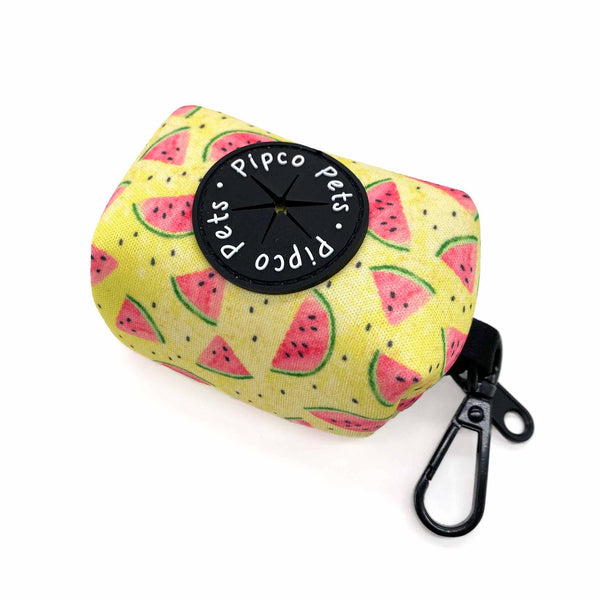 Load image into Gallery viewer, Pipco Pets dog poo bag dispenser with Summer Melons watermelon print pattern in yellow