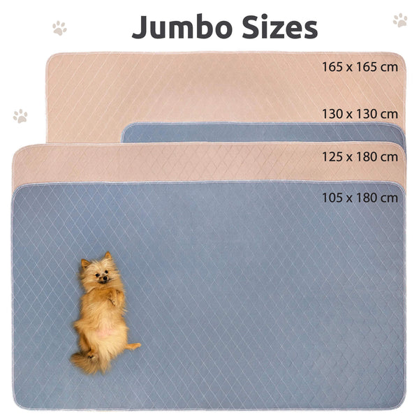 Load image into Gallery viewer, Pipco Pets Australia Washable Potty Pads size guide showing jumbo sizes 105 x 180 cm, 125 x 180 cm, 130 x 130 cm, and 165 x 165 cm in grey and brown colour