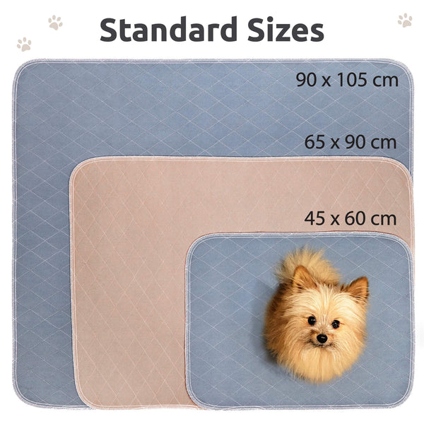 Load image into Gallery viewer, Pipco Pets Australia Washable Potty Pads size guide showing standard sizes 45 x 60 cm, 65 x 90 cm, 90x105 cm in grey and brown colour