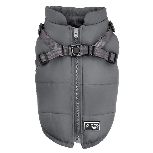 Load image into Gallery viewer, Grey dog puffer jacket with built-in harness and zipper on the back by Pipco Pets