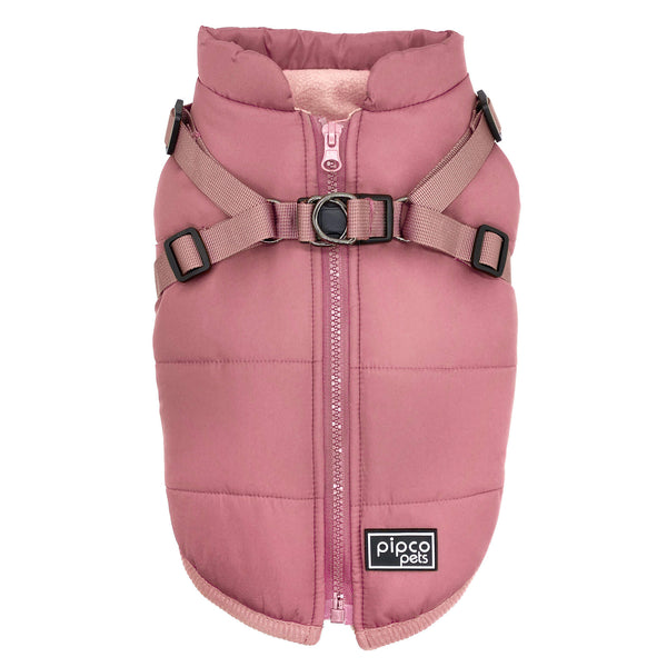 Load image into Gallery viewer, Top view of dusty rose pink Pipco Puffer Jacket Australia with in-built harness showing