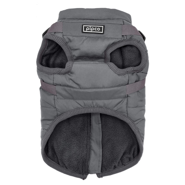 Load image into Gallery viewer, Grey dog puffer jacket with built-in harness and fleece lining by Pipco Pets