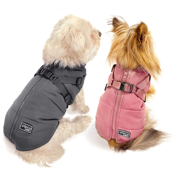 Load image into Gallery viewer, Small dogs modelling pink and grey Pipco winter vests Australia
