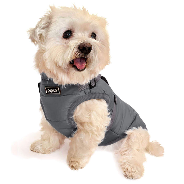 Load image into Gallery viewer, Dog wearing charcoal grey Pipco Puffer Jacket Australia with built-in harness