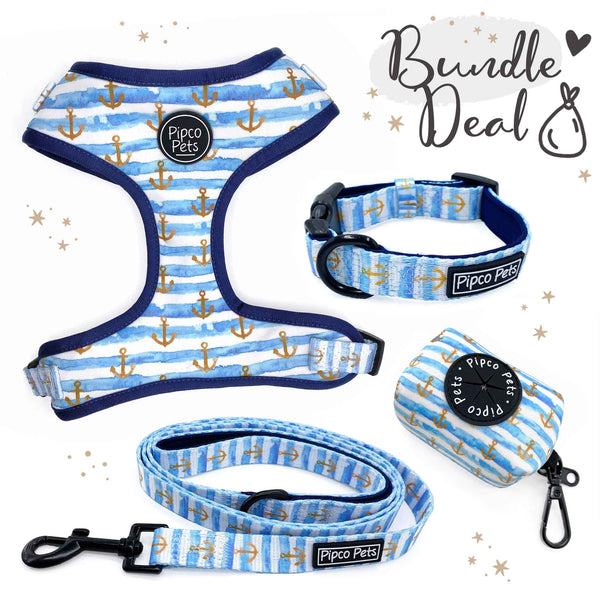 Load image into Gallery viewer, Bundle set including Pipco Pets dog harness, collar, lead, and poo bag dispenser with matching blue Sailor pattern