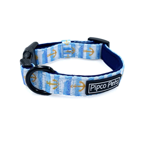 Load image into Gallery viewer, Pipco Pets dog collar with Sailor Pup anchors print pattern in blue