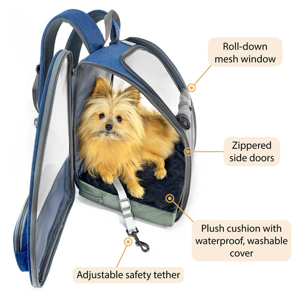 Load image into Gallery viewer, Small fluffy dog lying on plush cushion inside Navy Blue Pipco Pet Backpack Carrier with side panel open