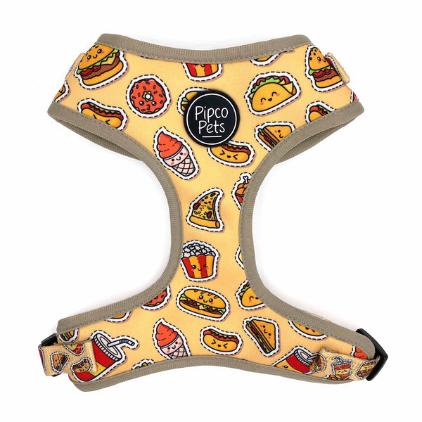 Load image into Gallery viewer, Front view of Pipco Pets adjustable dog harness with Snack Pack junk food print pattern in yellow