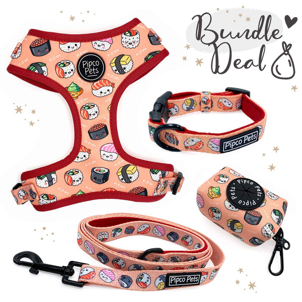 Load image into Gallery viewer, Bundle set including Pipco Pets dog harness, collar, lead, and poo bag dispenser with matching Sushi Train print in pink