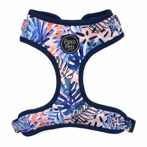 Load image into Gallery viewer, Front view of Pipco Pets adjustable dog harness with Tropic Fronds tropical leaves print pattern in blue