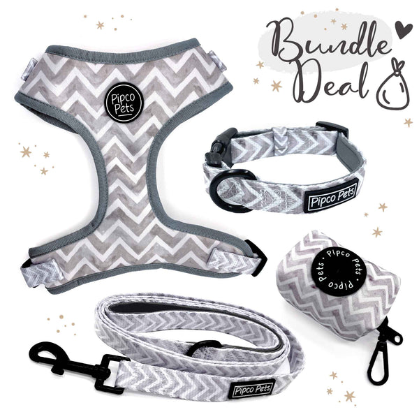 Load image into Gallery viewer, Bundle set including Pipco Pets dog harness, collar, lead, and poo bag dispenser with matching grey Zig Zags print