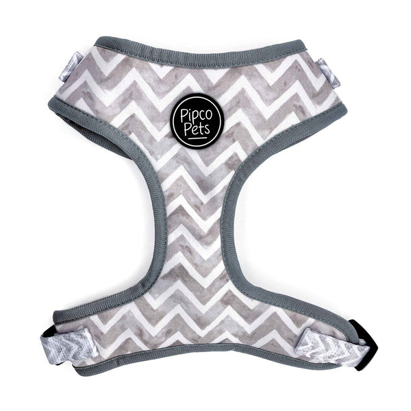 Load image into Gallery viewer, Front view of Pipco Pets adjustable dog harness with grey Zig Zags pattern