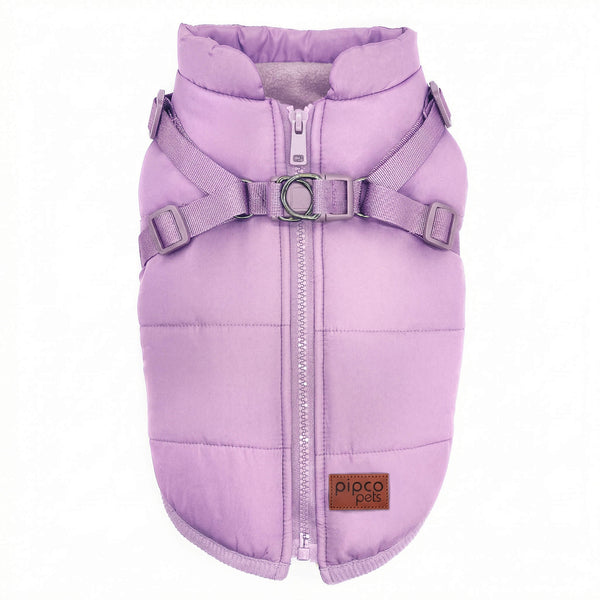 Load image into Gallery viewer, Lilac purple dog puffer jacket with built-in harness and zipper on the back by Pipco Pets