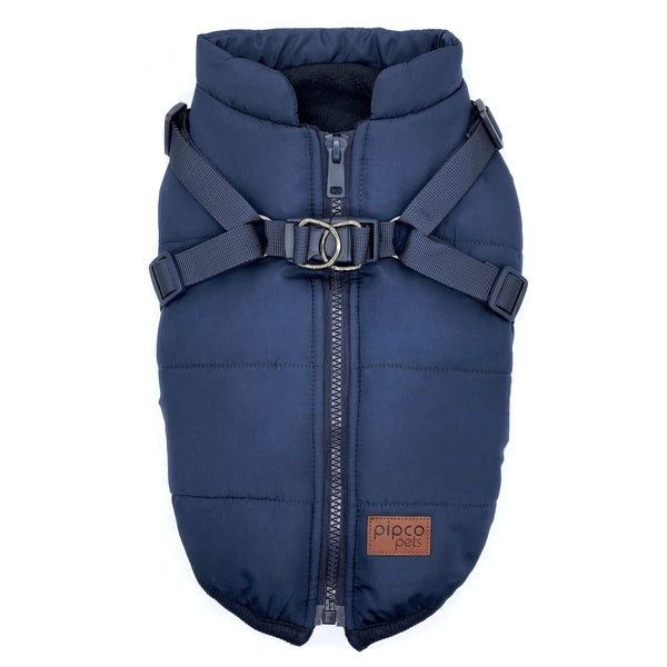 Load image into Gallery viewer, Navy blue dog puffer jacket with built-in harness and zipper on the back by Pipco Pets