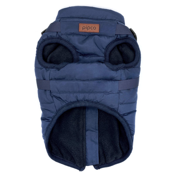 Load image into Gallery viewer, Navy blue dog puffer jacket with built-in harness and fleece lining by Pipco Pets