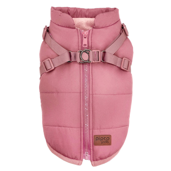 Load image into Gallery viewer, Dusty pink dog puffer jacket with built-in harness and zipper on the back by Pipco Pets