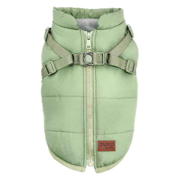 Load image into Gallery viewer, Sage green dog puffer jacket with built-in harness and zipper on the back by Pipco Pets