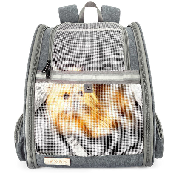 Load image into Gallery viewer, Small fluffy dog curled up inside Grey Pipco Pet Backpack Carrier with mesh panels zipped up.