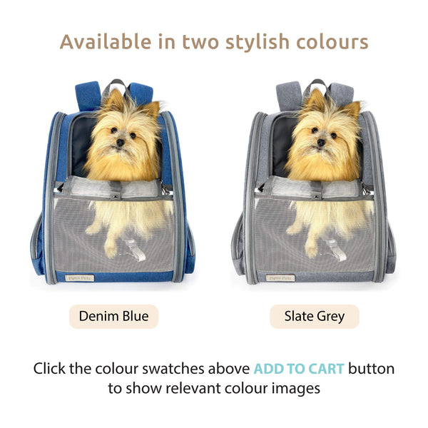 Load image into Gallery viewer, Grey and Navy Blue versions of the Pipco Pets Backpack Carrier shown side by side with small dogs sitting inside