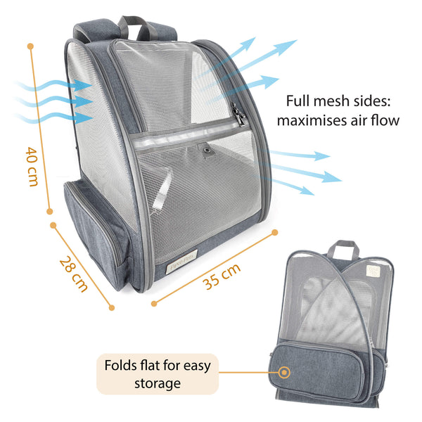 Load image into Gallery viewer, Diagram showing dimensions of Grey Pipco Pet Backpack Carrier 40 x 35 x 28 cm, airflow through the mesh, and folded flat for storage