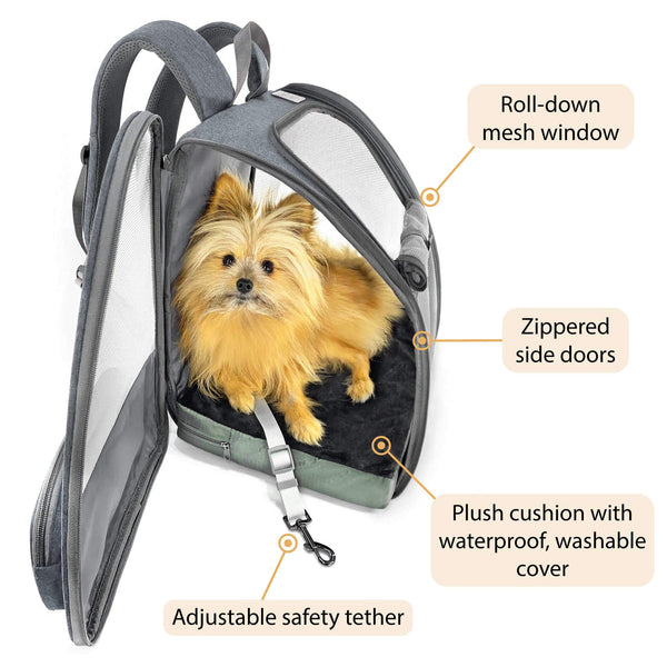 Load image into Gallery viewer, Small fluffy dog lying on plush cushion inside Grey Pipco Pet Backpack Carrier with side panel open