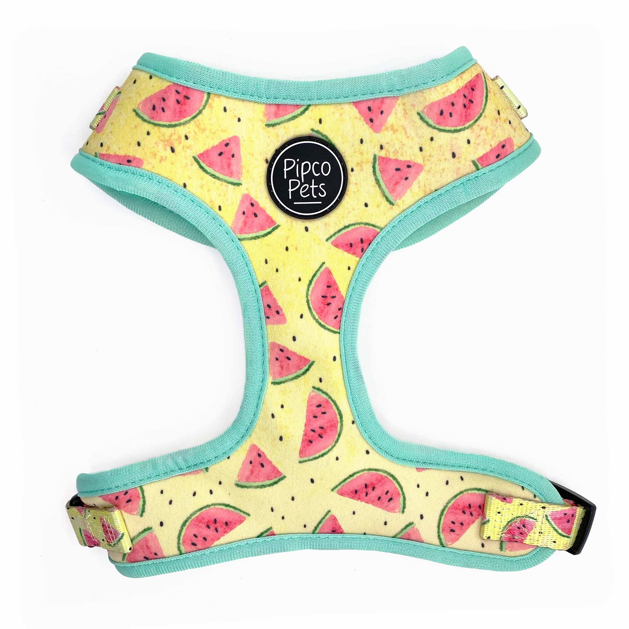 Front view of Pipco Pets adjustable dog harness with Summer Melons watermelon print pattern in yellow