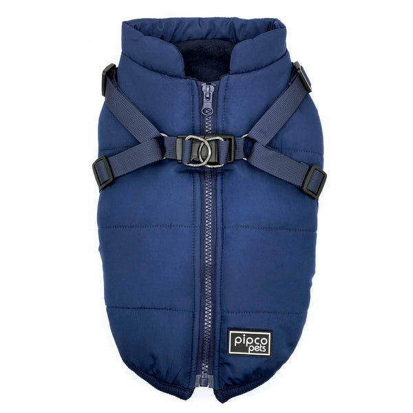 Load image into Gallery viewer, Top view of deep navy Pipco Puffer Jacket Australia with integrated harness showing