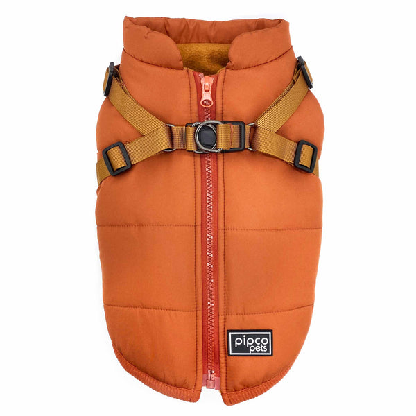 Load image into Gallery viewer, Top view of burnt orange Pipco Puffer Jacket Australia with in-built harness showing