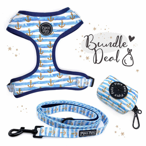 Load image into Gallery viewer, Bundle set including Pipco Pets dog harness, leash, and poo bag dispenser with matching Sailor Pup anchors print in blue