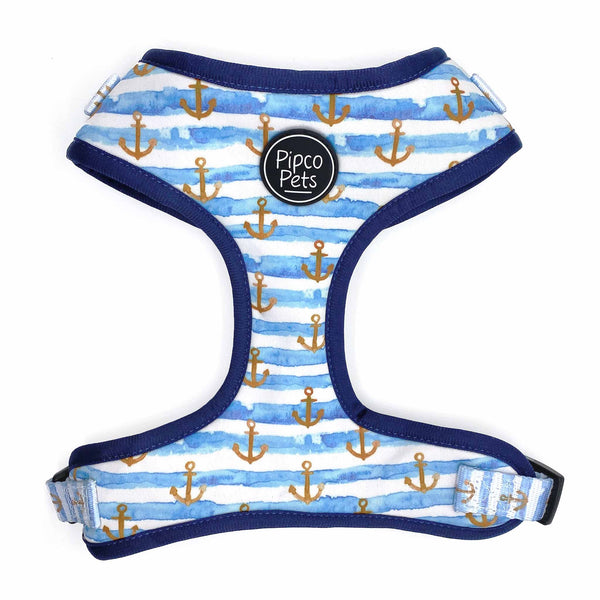 Load image into Gallery viewer, Front view of Pipco Pets adjustable dog harness with Sailor Pup anchors print pattern in blue