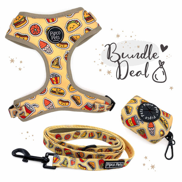 Load image into Gallery viewer, Bundle set including Pipco Pets dog harness, leash, and poo bag dispenser with matching Snack Pack junk food print in yellow