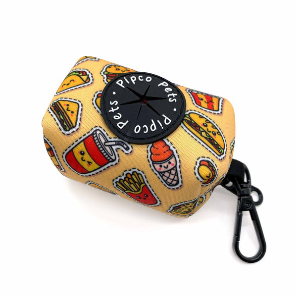 Load image into Gallery viewer, Pipco Pets dog poo bag holder with Snack Pack junk food print pattern in yellow