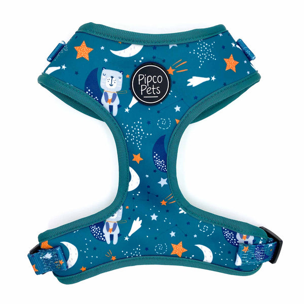Load image into Gallery viewer, Front view of Pipco Pets adjustable dog harness with Starry Night outer space and stars print pattern in teal