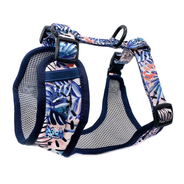 Load image into Gallery viewer, Side view of Pipco Pets adjustable dog harness with Tropic Fronds tropical leaves print pattern in blue