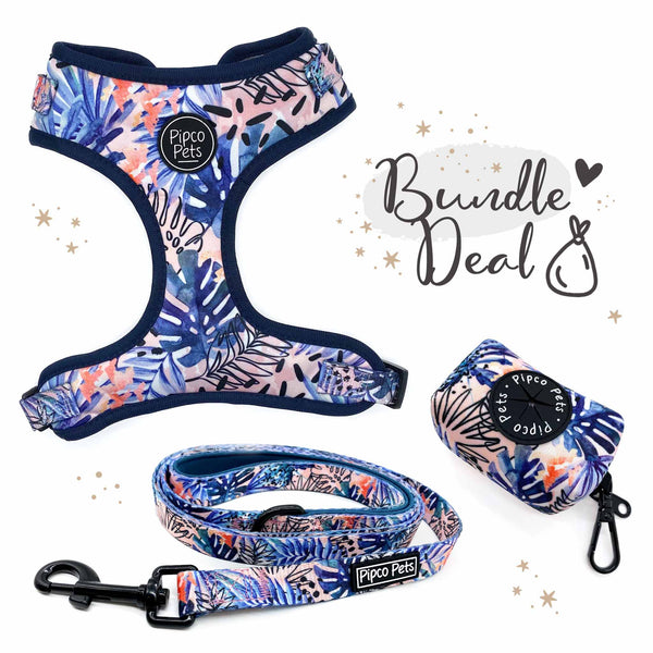 Load image into Gallery viewer, Bundle set including Pipco Pets dog harness, leash, and poo bag dispenser with matching Tropic Fronds tropical leaves print in blue