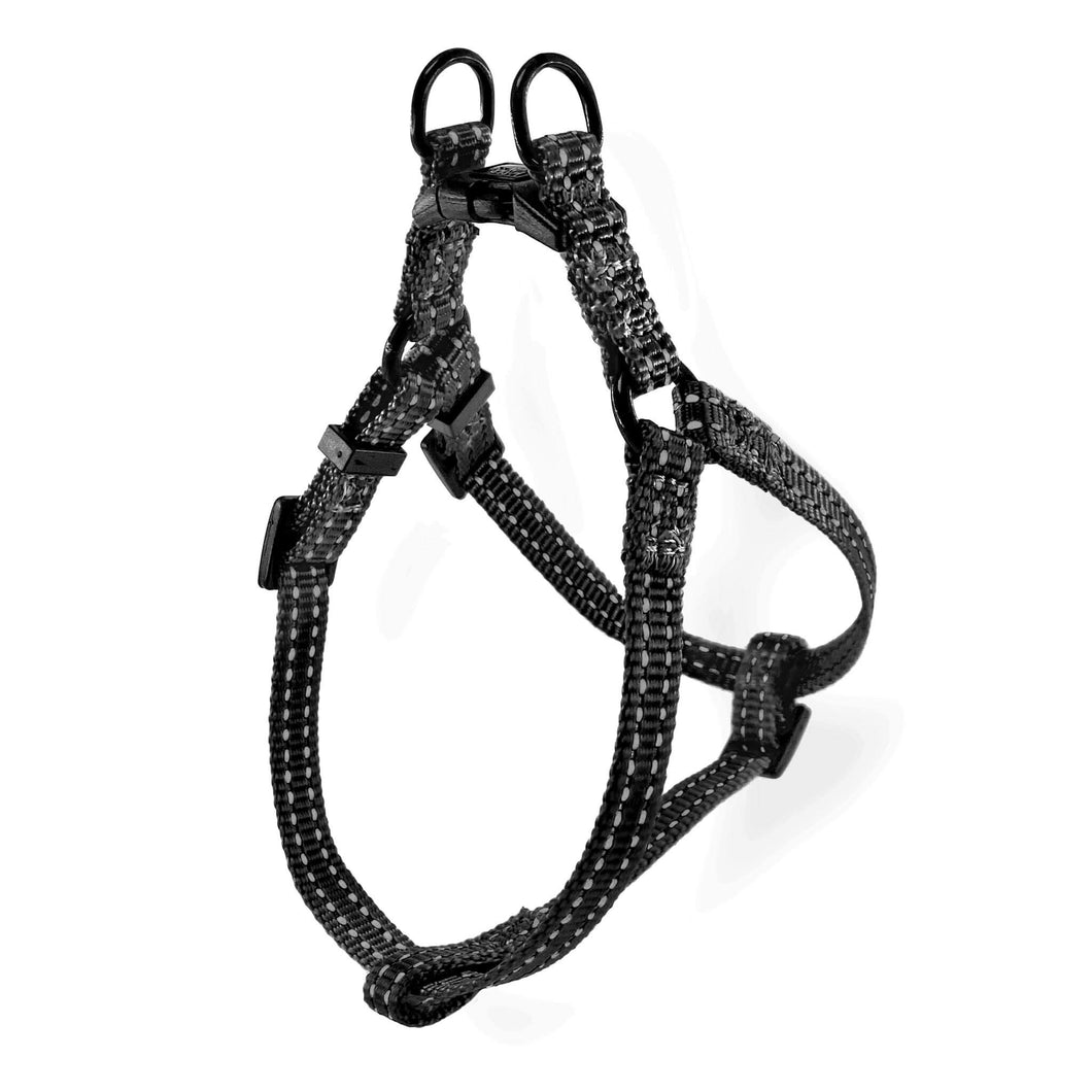 Lightweight Pipco step-in puppy harness in black with reflective stitching for small dogs