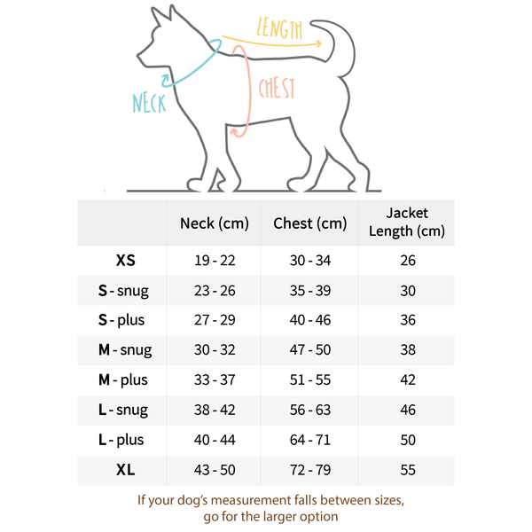 Load image into Gallery viewer, Size chart for Pipco Puffer Jackets for dogs sizes XS to XL
