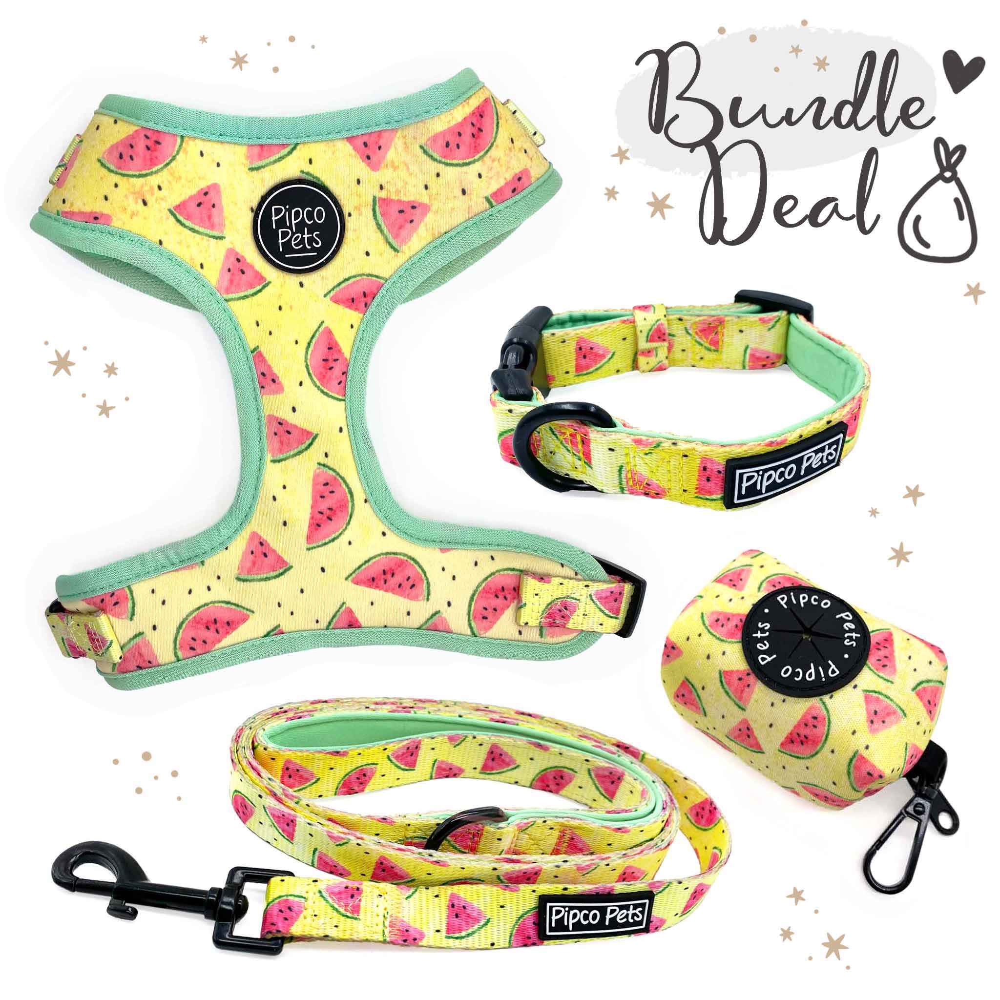 Bundle set including Pipco Pets dog harness, collar, lead, and poo bag dispenser with matching Summer Melons watermelon print pattern in yellow