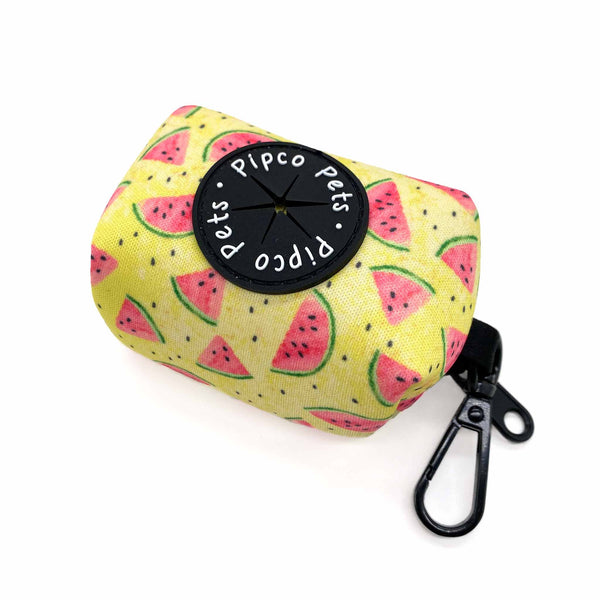 Load image into Gallery viewer, Pipco Pets dog poo bag dispenser with Summer Melons watermelon print pattern in yellow
