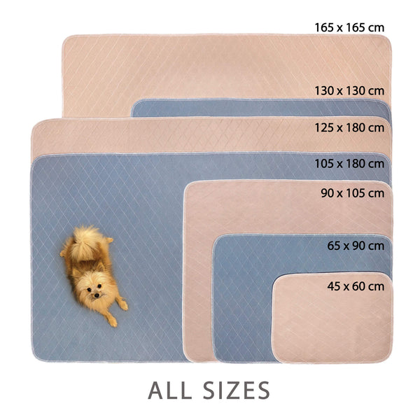 Load image into Gallery viewer, Pipco Pets Australia Washable Potty Pads size guide showing all seven available sizes in grey and brown colour
