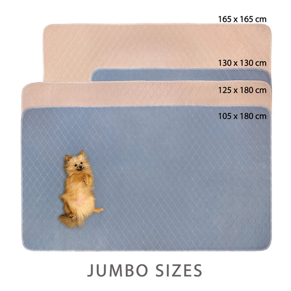 Load image into Gallery viewer, Pipco Pets Australia Washable Potty Pads size guide showing jumbo sizes 105 x 180 cm, 125 x 180 cm, 130 x 130 cm, and 165 x 165 cm in grey and brown colour
