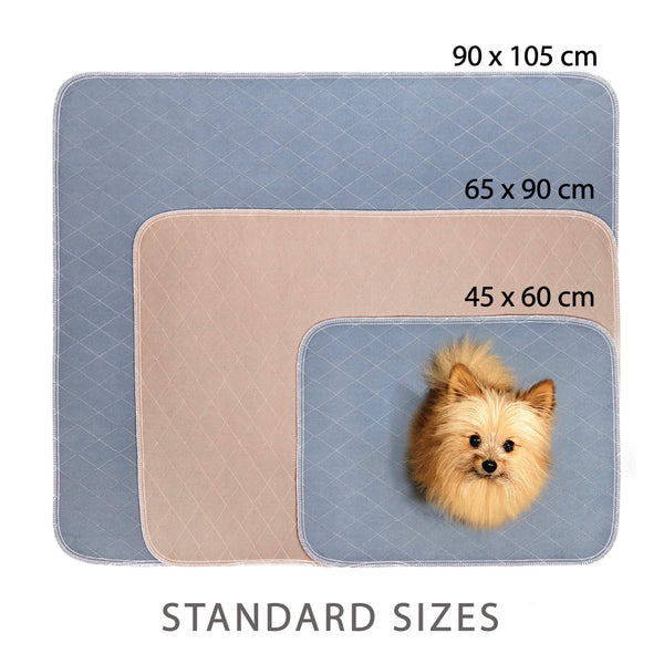 Load image into Gallery viewer, Pipco Pets Australia Washable Potty Pads size guide showing standard sizes 45 x 60 cm, 65 x 90 cm, 90x105 cm in grey and brown colour
