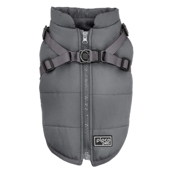 Load image into Gallery viewer, Top view of charcoal grey Pipco Puffer Jacket Australia with in-built harness showing

