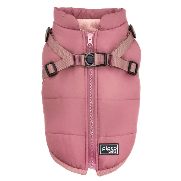 Load image into Gallery viewer, Top view of dusty rose pink Pipco Puffer Jacket Australia with in-built harness showing
