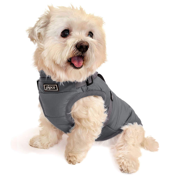 Load image into Gallery viewer, Dog wearing charcoal grey Pipco Puffer Jacket Australia with built-in harness
